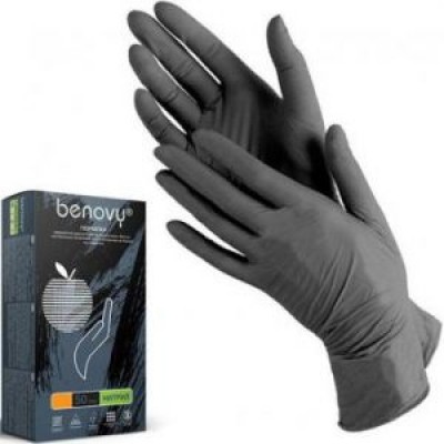 Перчатки нитриловые текстурированные на пальцах BENOVY, М, черные, 100шт.